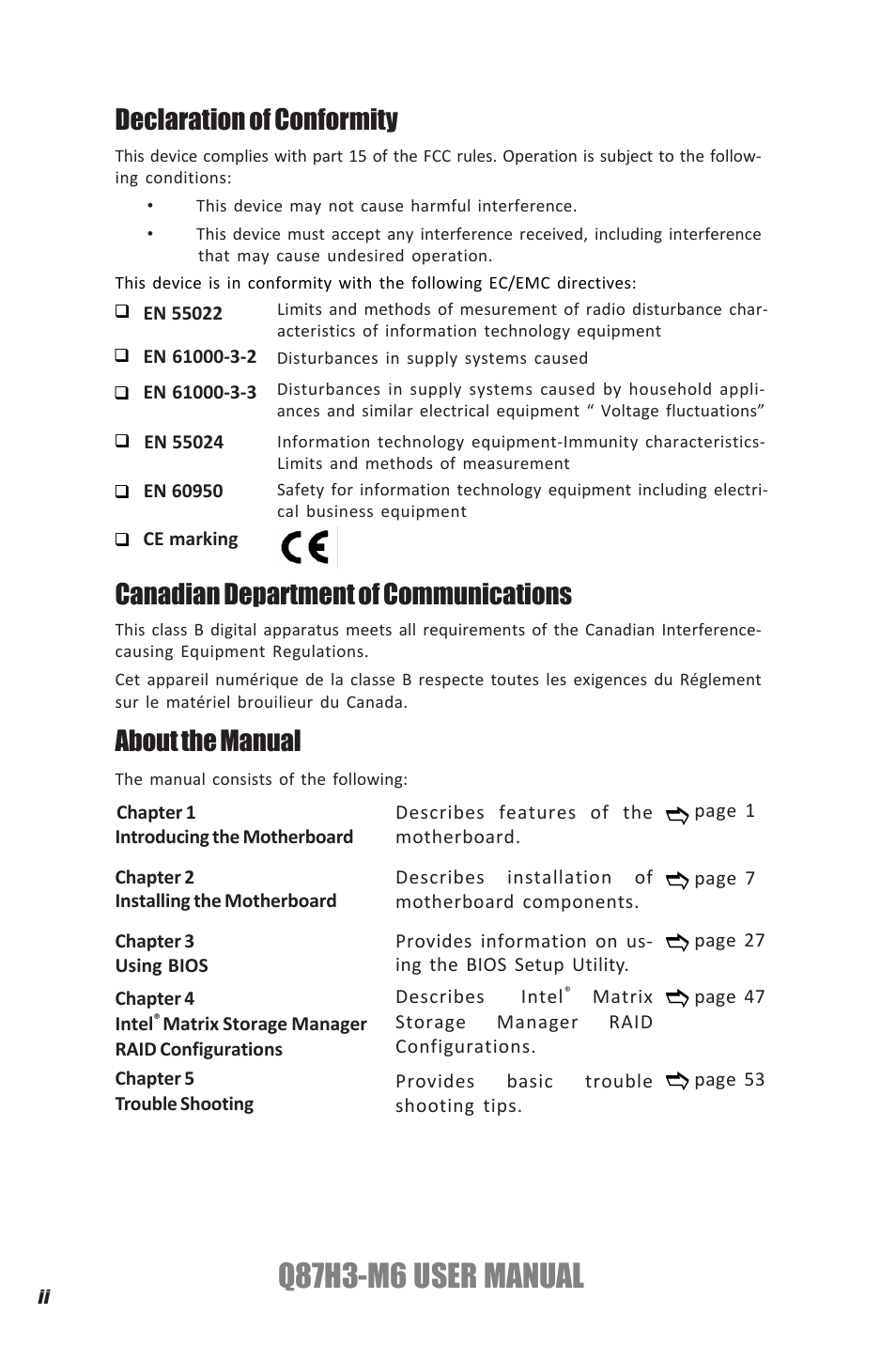 Q87h3-m6 user manual, Declaration of conformity, Canadian department of communications | About the manual | Elitegroup Q87H3-M6 (V1.0) User Manual | Page 2 / 60