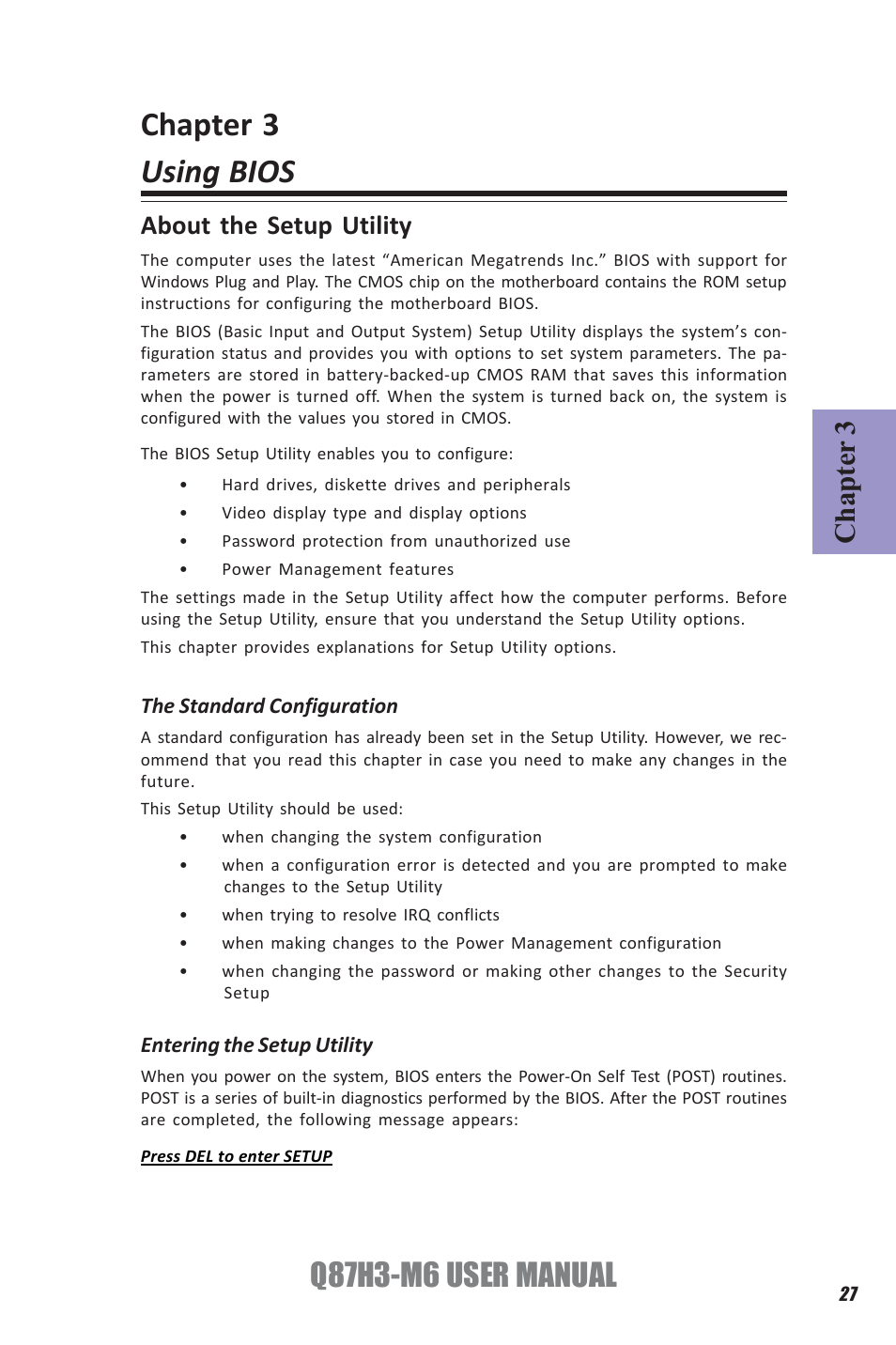 Chapter 3 using bios, Q87h3-m6 user manual, Chapter 3 | About the setup utility | Elitegroup Q87H3-M6 (V1.0) User Manual | Page 31 / 60