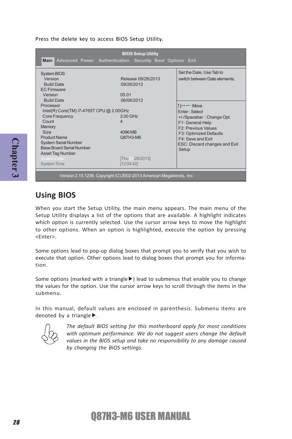 Q87h3-m6 user manual, Chapter 3, Using bios | Elitegroup Q87H3-M6 (V1.0) User Manual | Page 32 / 60