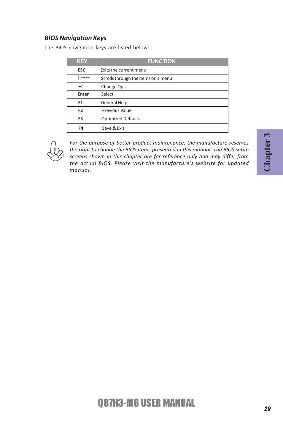 Q87h3-m6 user manual, Chapter 3, Bios navigation keys | Elitegroup Q87H3-M6 (V1.0) User Manual | Page 33 / 60