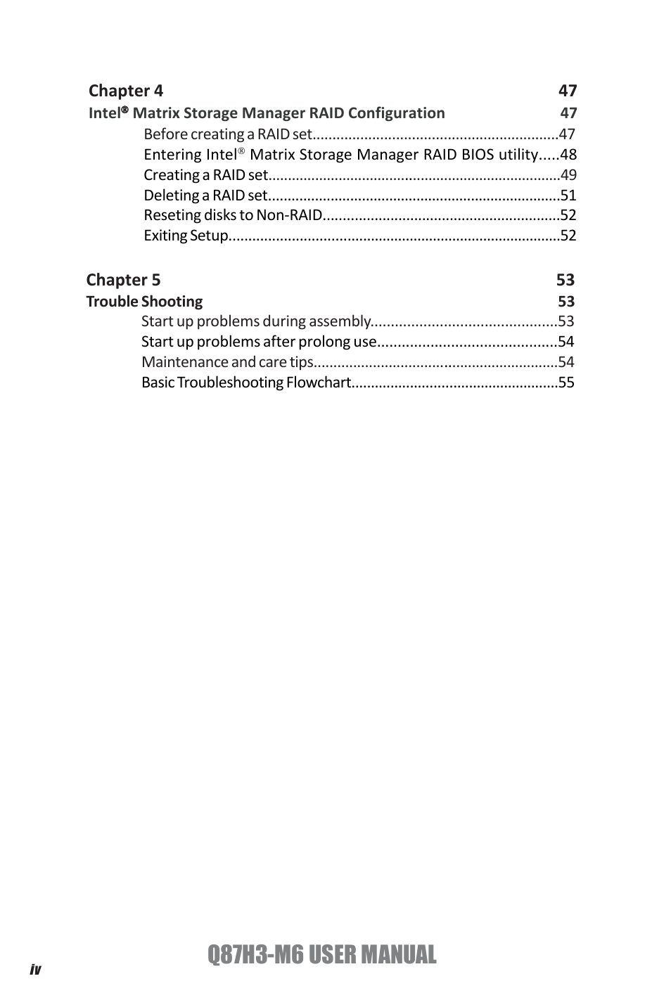 Q87h3-m6 user manual, Chapter 5 53, Chapter 4 47 | Elitegroup Q87H3-M6 (V1.0) User Manual | Page 4 / 60