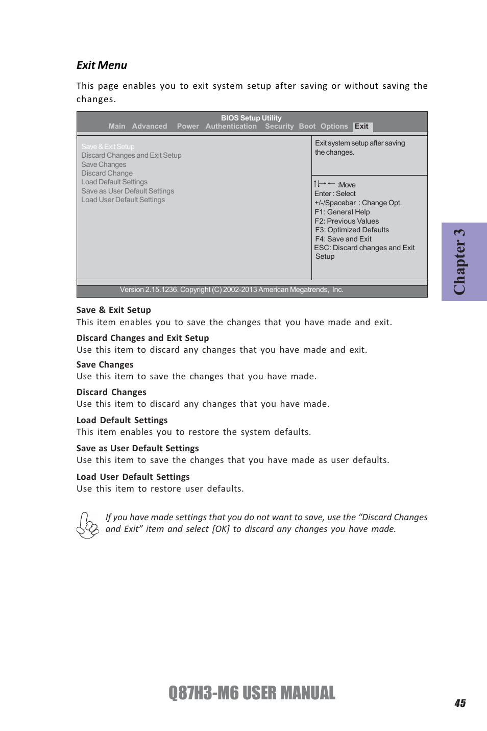 Q87h3-m6 user manual, Chapter 3, Exit menu | Elitegroup Q87H3-M6 (V1.0) User Manual | Page 49 / 60