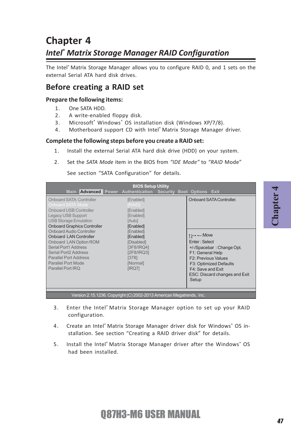 Q87h3-m6 user manual, Chapter 4, Intel | Matrix storage manager raid configuration, Before creating a raid set | Elitegroup Q87H3-M6 (V1.0) User Manual | Page 51 / 60