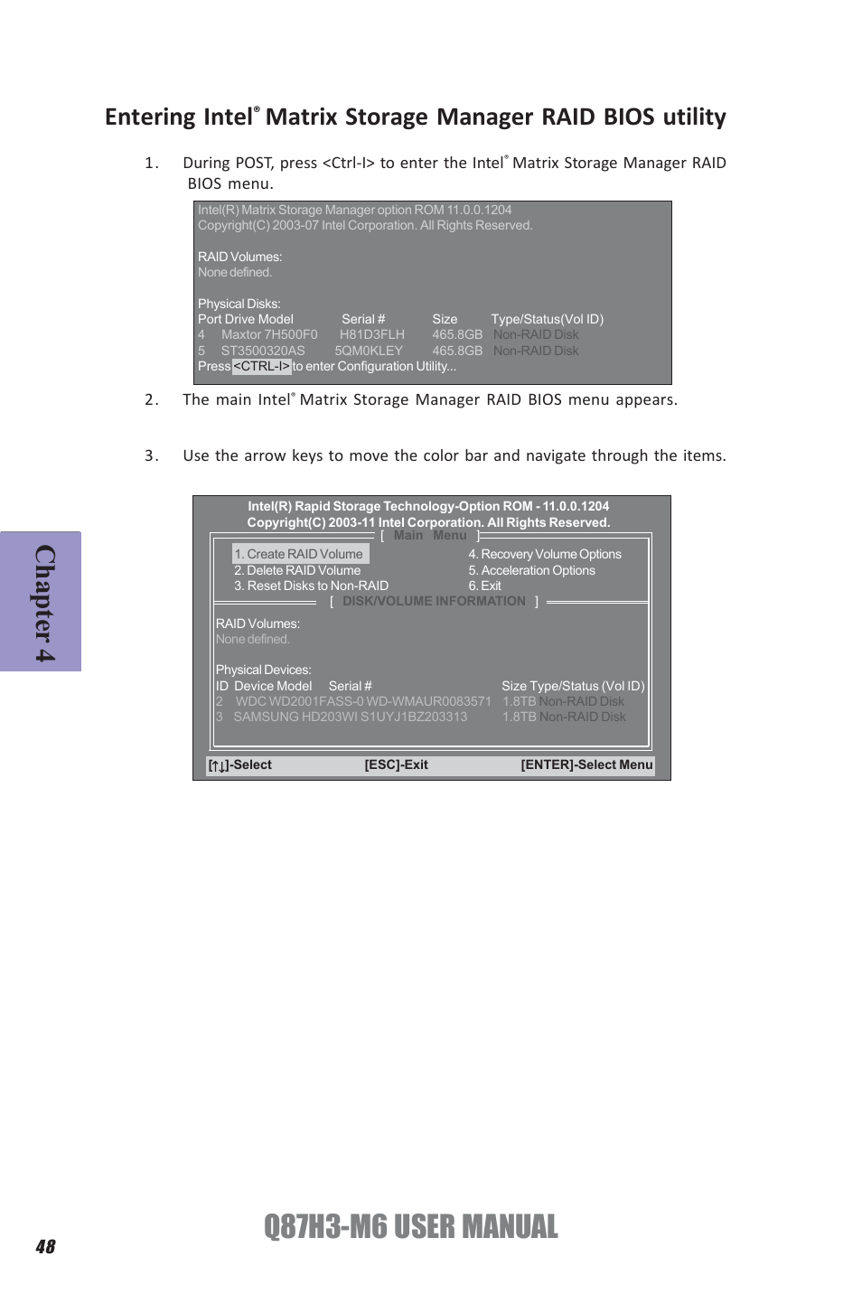 Q87h3-m6 user manual, Chapter 4, Entering intel | Matrix storage manager raid bios utility | Elitegroup Q87H3-M6 (V1.0) User Manual | Page 52 / 60