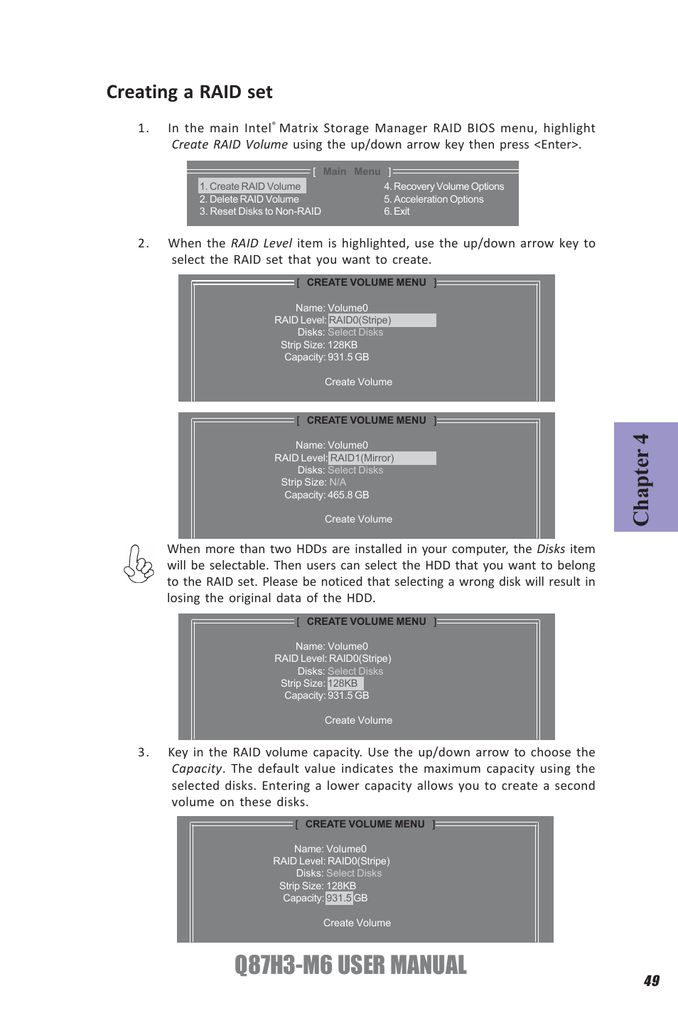 Q87h3-m6 user manual, Chapter 4, Creating a raid set | Elitegroup Q87H3-M6 (V1.0) User Manual | Page 53 / 60