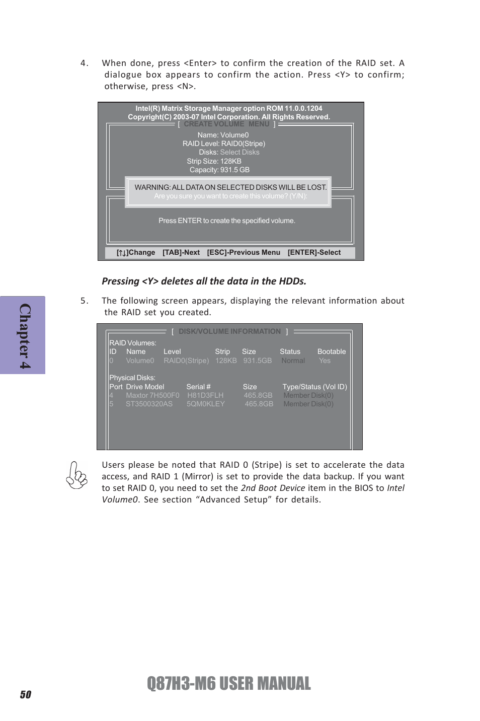 Q87h3-m6 user manual, Chapter 4, Pressing <y> deletes all the data in the hdds | Elitegroup Q87H3-M6 (V1.0) User Manual | Page 54 / 60