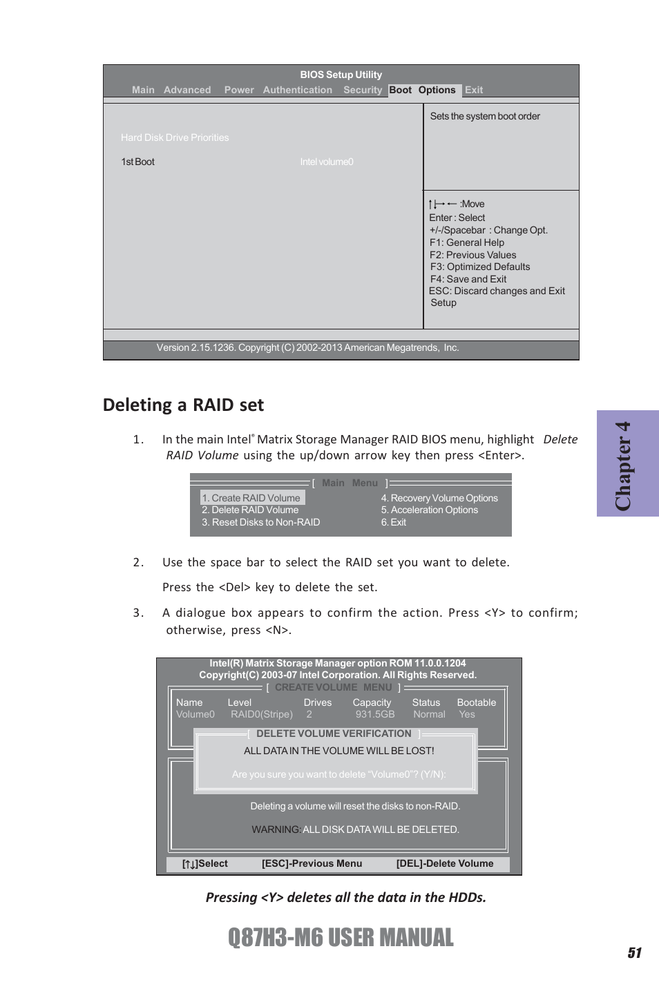 Q87h3-m6 user manual, Chapter 4, Deleting a raid set | Pressing <y> deletes all the data in the hdds | Elitegroup Q87H3-M6 (V1.0) User Manual | Page 55 / 60