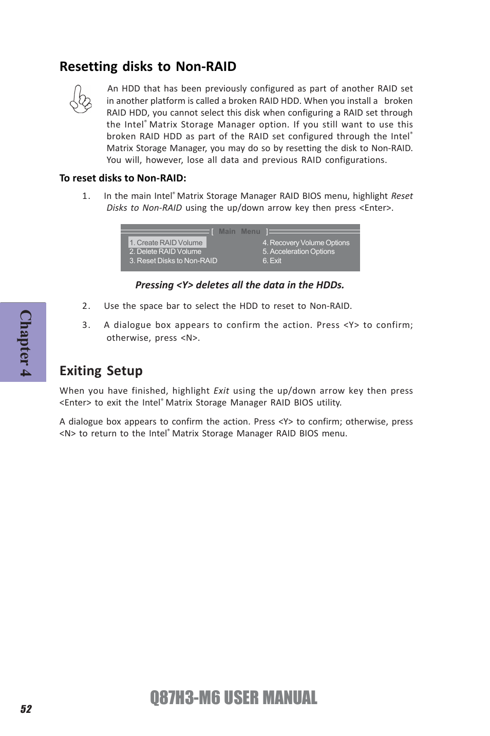 Q87h3-m6 user manual, Chapter 4, Resetting disks to non-raid | Exiting setup | Elitegroup Q87H3-M6 (V1.0) User Manual | Page 56 / 60