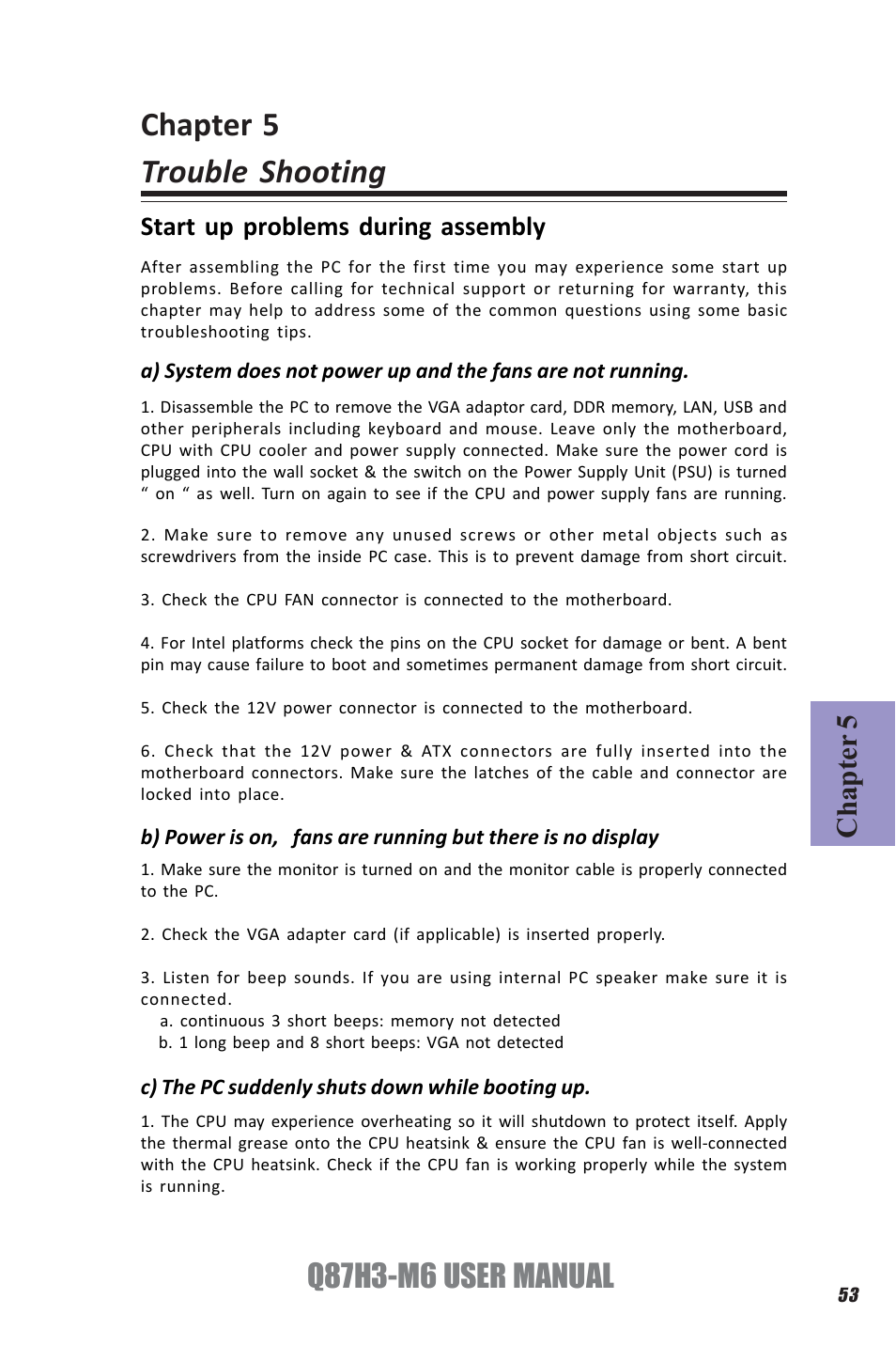 Chapter 5 trouble shooting, Q87h3-m6 user manual, Chapter 5 | Start up problems during assembly | Elitegroup Q87H3-M6 (V1.0) User Manual | Page 57 / 60