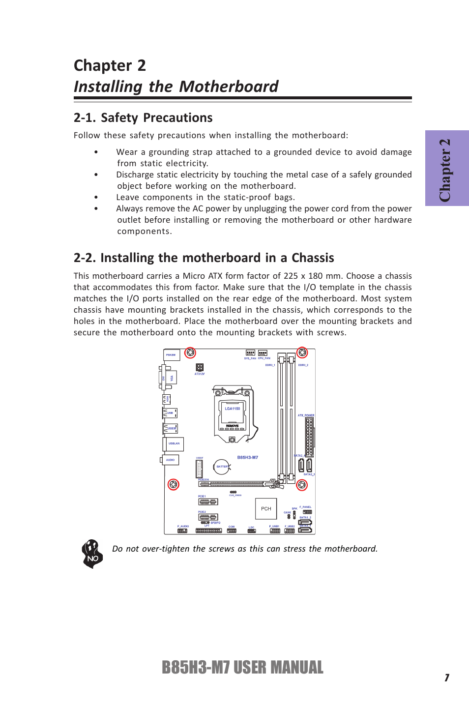 Chapter 2 installing the motherboard, B85h3-m7 user manual, Chapter 2 | Elitegroup B85H3-M7 (V1.0) User Manual | Page 11 / 74