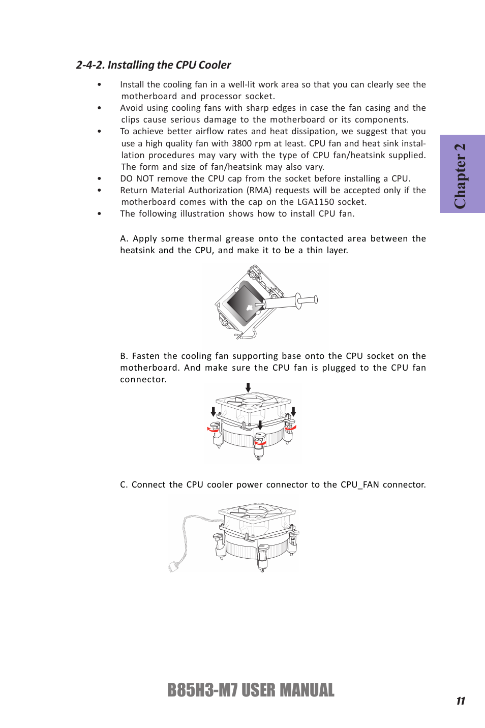 B85h3-m7 user manual, Chapter 2, 4-2. installing the cpu cooler | Elitegroup B85H3-M7 (V1.0) User Manual | Page 15 / 74