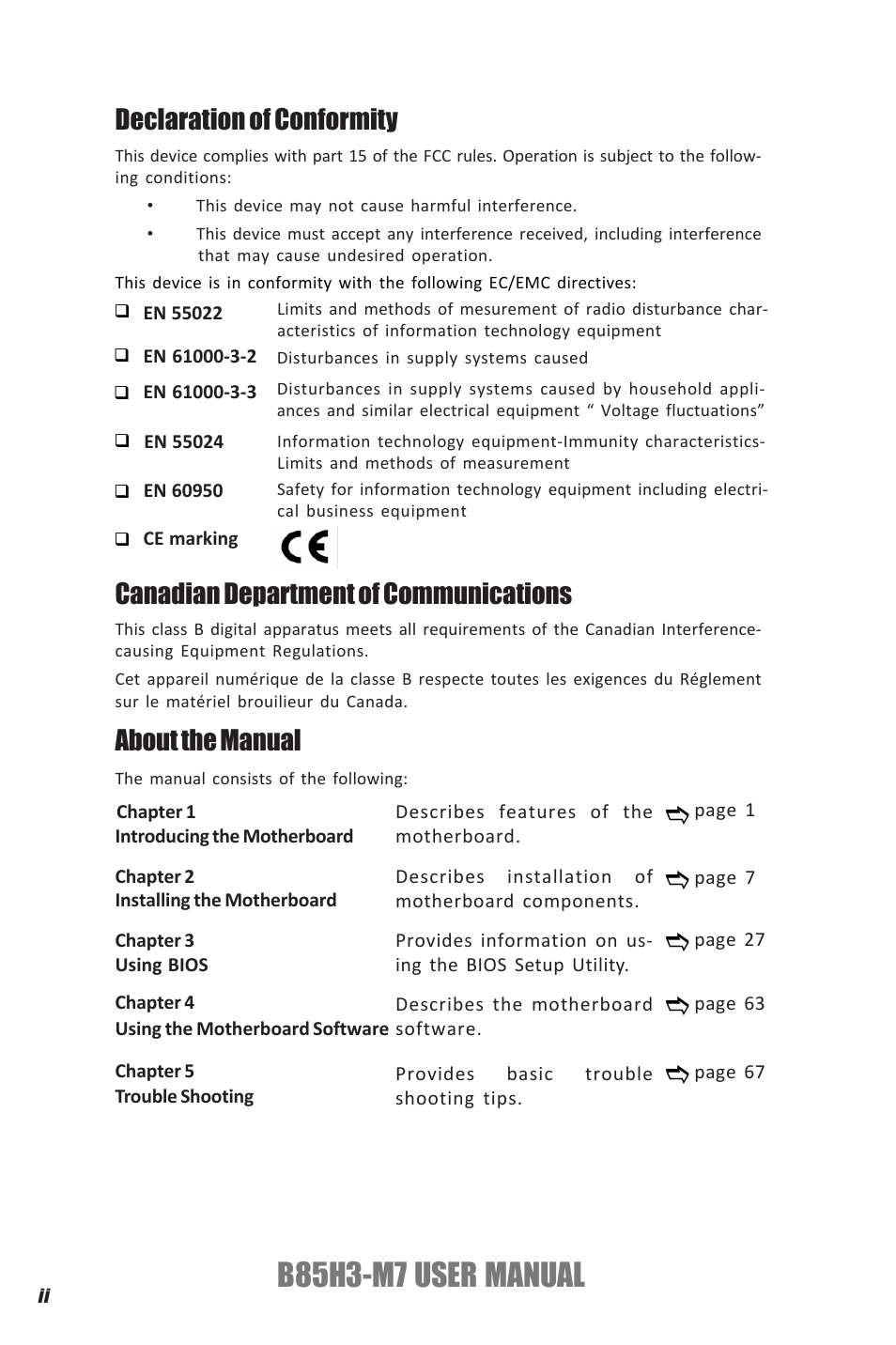 B85h3-m7 user manual, Declaration of conformity, Canadian department of communications | About the manual | Elitegroup B85H3-M7 (V1.0) User Manual | Page 2 / 74