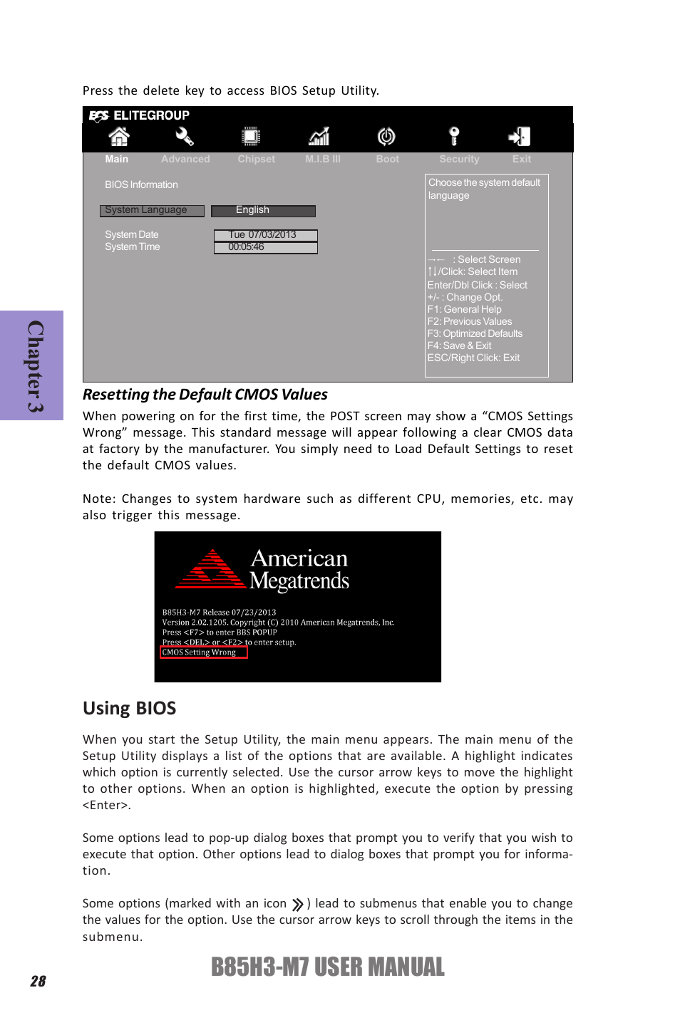 B85h3-m7 user manual, Chapter 3, Using bios | Resetting the default cmos values | Elitegroup B85H3-M7 (V1.0) User Manual | Page 32 / 74