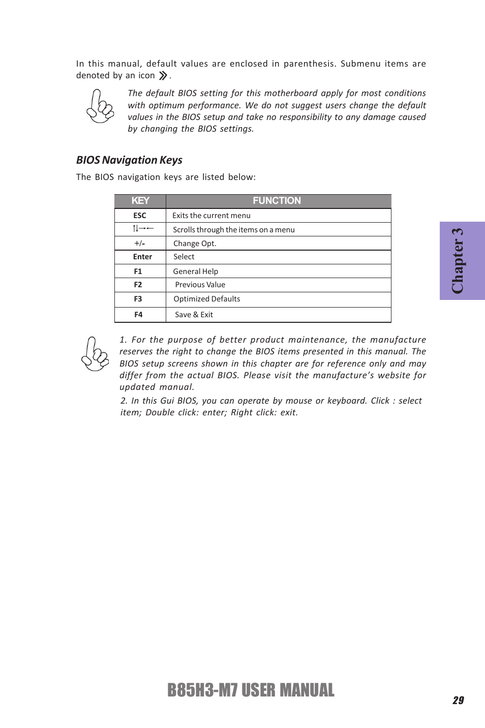 B85h3-m7 user manual, Chapter 3, Bios navigation keys | Elitegroup B85H3-M7 (V1.0) User Manual | Page 33 / 74