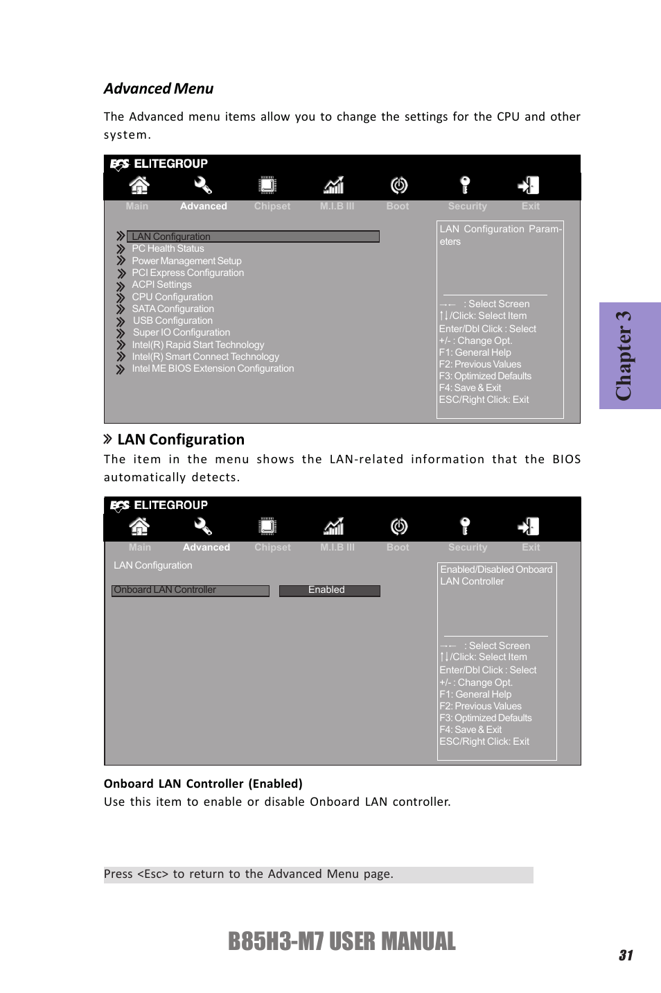 B85h3-m7 user manual, Chapter 3, Advanced menu lan configuration | Elitegroup B85H3-M7 (V1.0) User Manual | Page 35 / 74