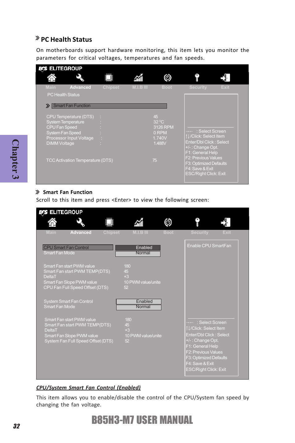 B85h3-m7 user manual, Chapter 3, Pc health status | Elitegroup B85H3-M7 (V1.0) User Manual | Page 36 / 74