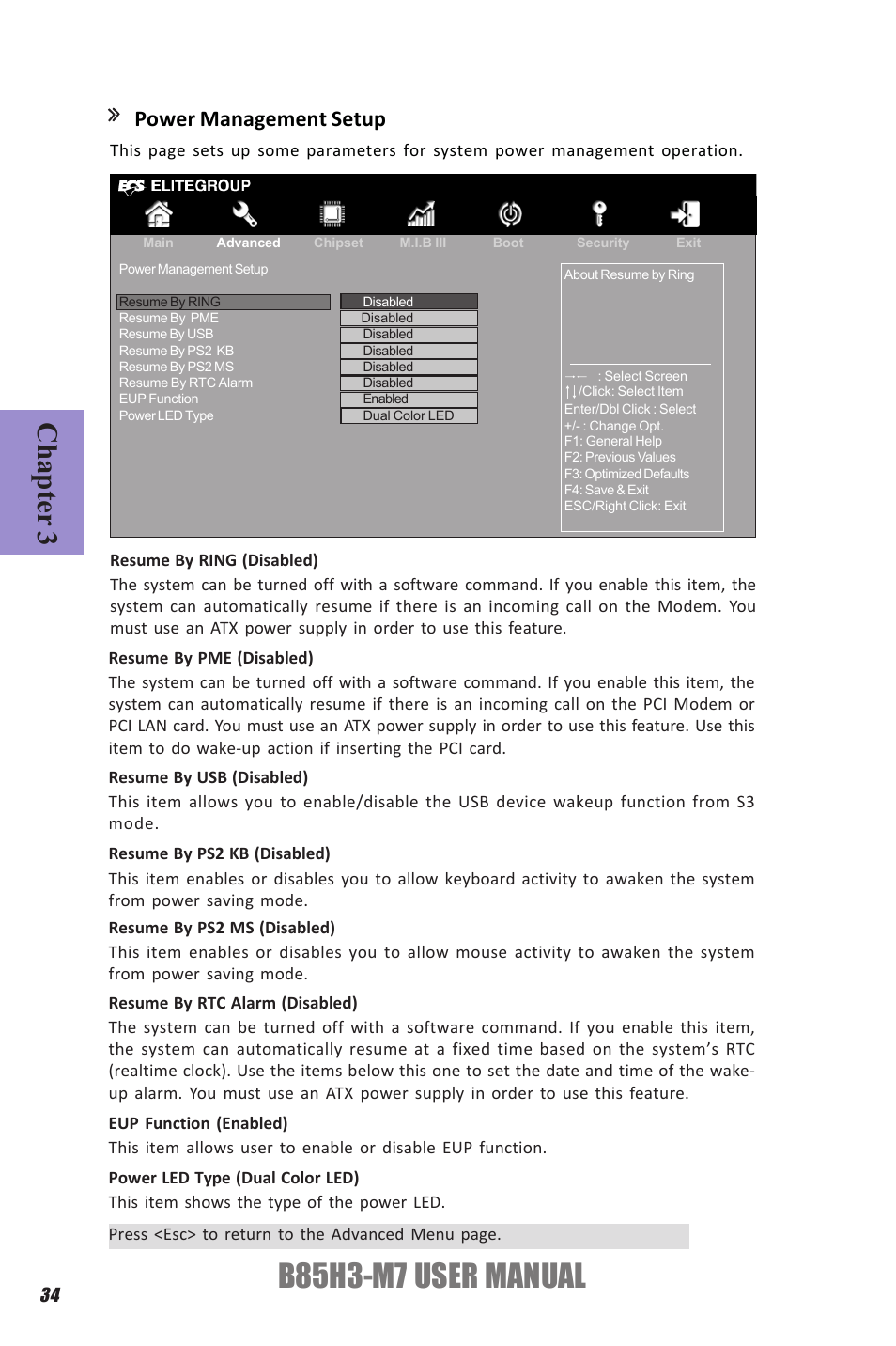 B85h3-m7 user manual, Chapter 3, Power management setup | Elitegroup B85H3-M7 (V1.0) User Manual | Page 38 / 74