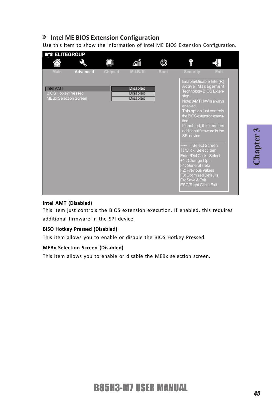 B85h3-m7 user manual, Chapter 3, Intel me bios extension configuration | Elitegroup B85H3-M7 (V1.0) User Manual | Page 49 / 74