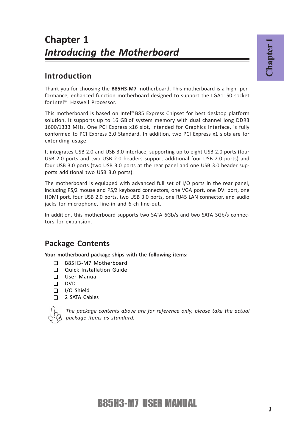 Chapter 1 introducing the motherboard, B85h3-m7 user manual, Chapter 1 | Introduction, Package contents | Elitegroup B85H3-M7 (V1.0) User Manual | Page 5 / 74