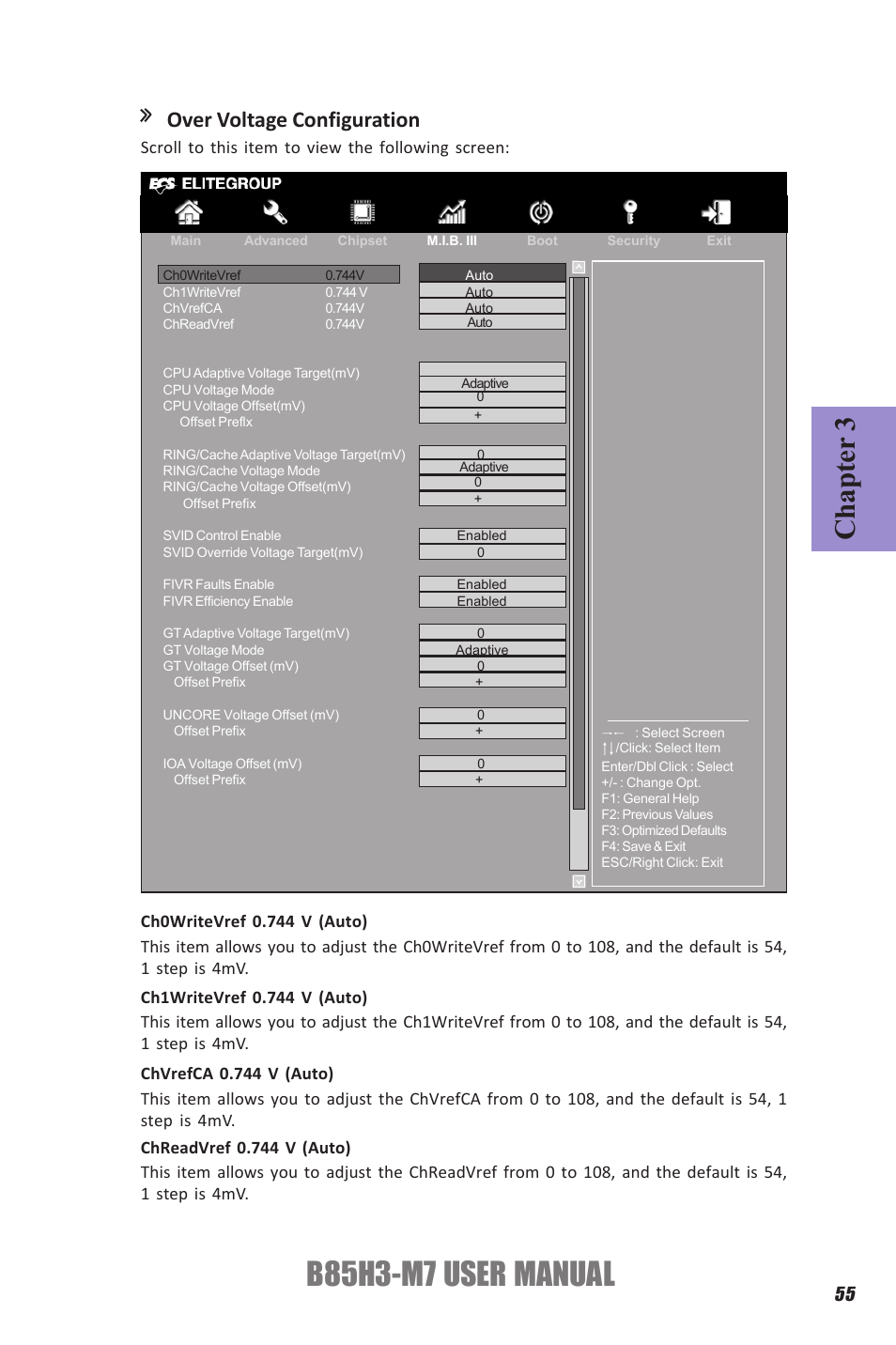 B85h3-m7 user manual, Chapter 3, Over voltage configuration | Scroll to this item to view the following screen | Elitegroup B85H3-M7 (V1.0) User Manual | Page 59 / 74