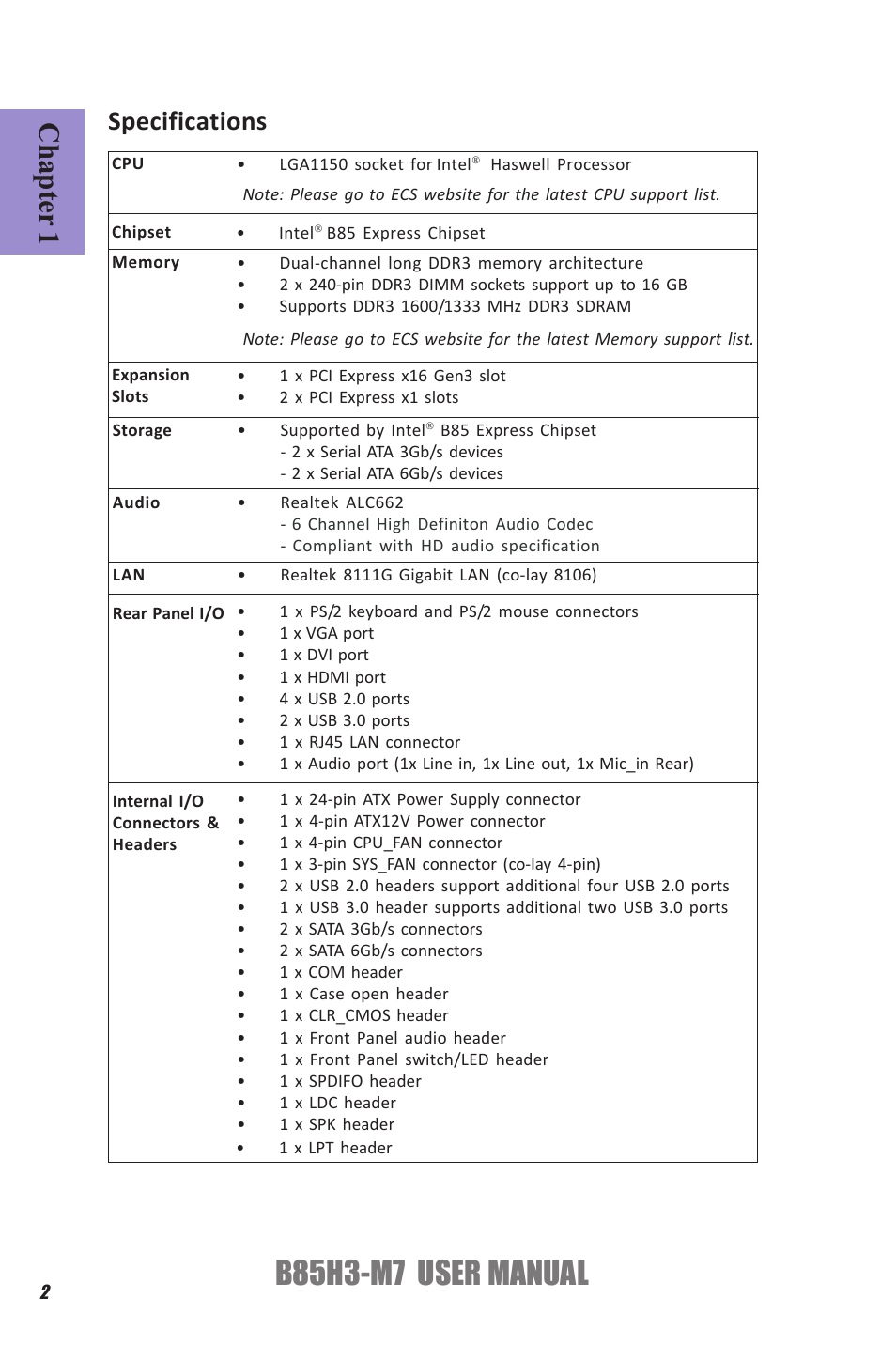 B85h3-m7 user manual, Chapter 1, Specifications | Elitegroup B85H3-M7 (V1.0) User Manual | Page 6 / 74