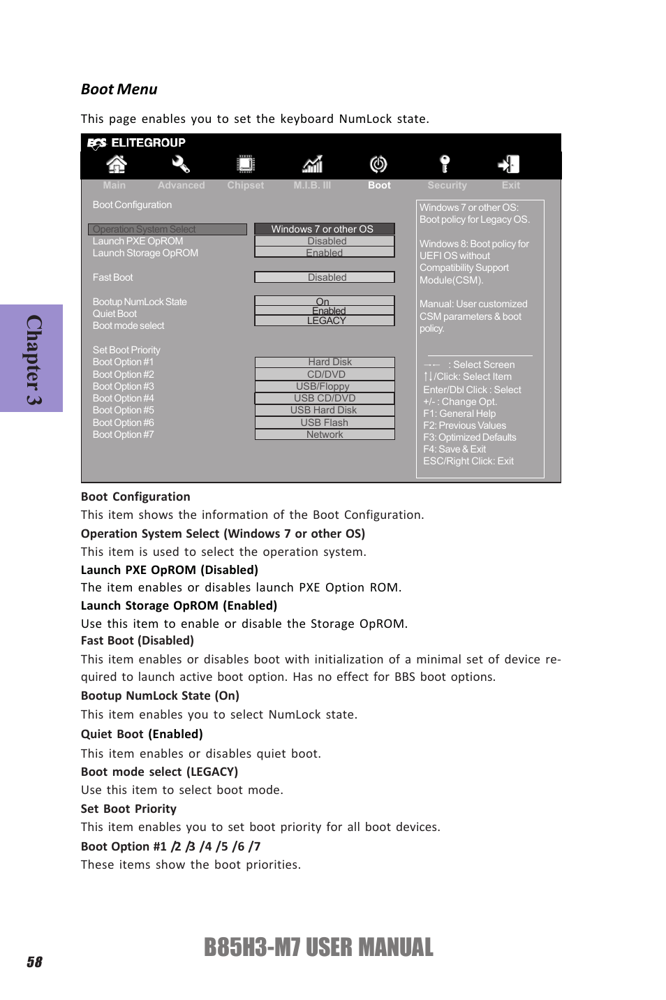 B85h3-m7 user manual, Chapter 3, Boot menu | Elitegroup B85H3-M7 (V1.0) User Manual | Page 62 / 74