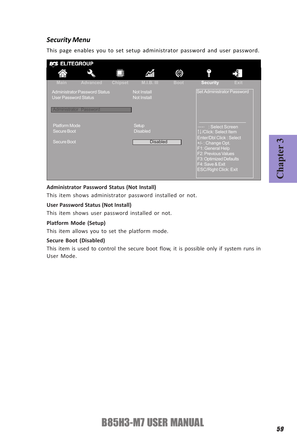 B85h3-m7 user manual, Chapter 3, Security menu | Elitegroup B85H3-M7 (V1.0) User Manual | Page 63 / 74