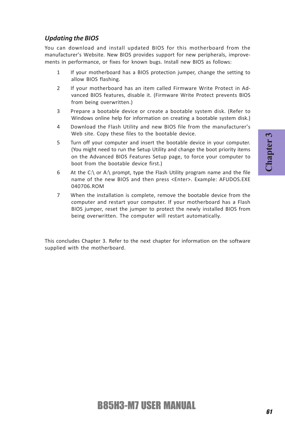 B85h3-m7 user manual, Chapter 3, Updating the bios | Elitegroup B85H3-M7 (V1.0) User Manual | Page 65 / 74