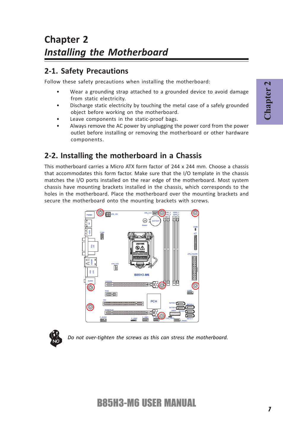 Chapter 2 installing the motherboard, B85h3-m6 user manual, Chapter 2 | Elitegroup B85H3-M6 (V1.0) User Manual | Page 11 / 52