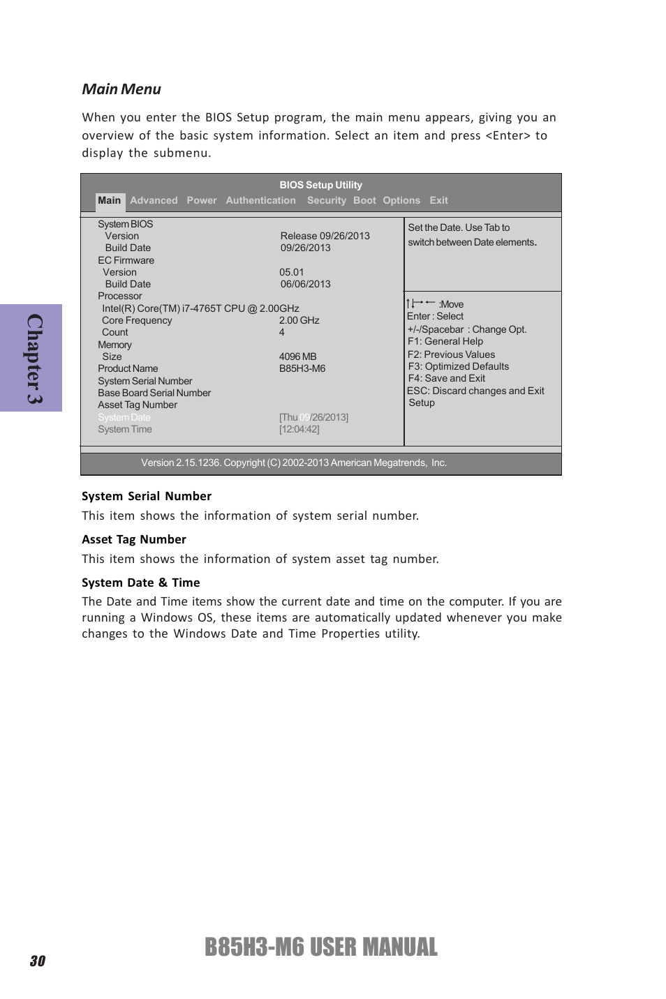 B85h3-m6 user manual, Chapter 3, Main menu | Elitegroup B85H3-M6 (V1.0) User Manual | Page 34 / 52