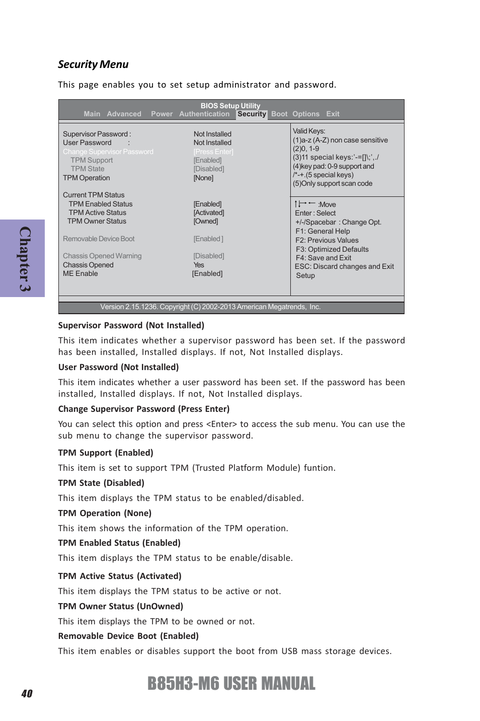 B85h3-m6 user manual, Chapter 3, Security menu | Elitegroup B85H3-M6 (V1.0) User Manual | Page 44 / 52