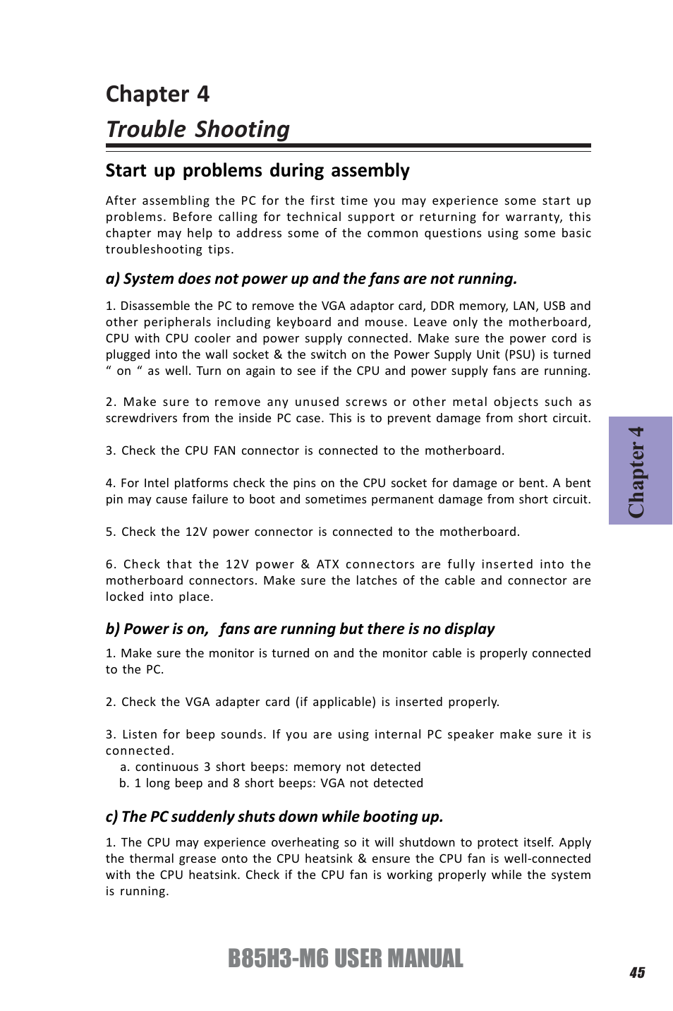 Chapter 4 trouble shooting, B85h3-m6 user manual, Chapter 4 | Start up problems during assembly | Elitegroup B85H3-M6 (V1.0) User Manual | Page 49 / 52