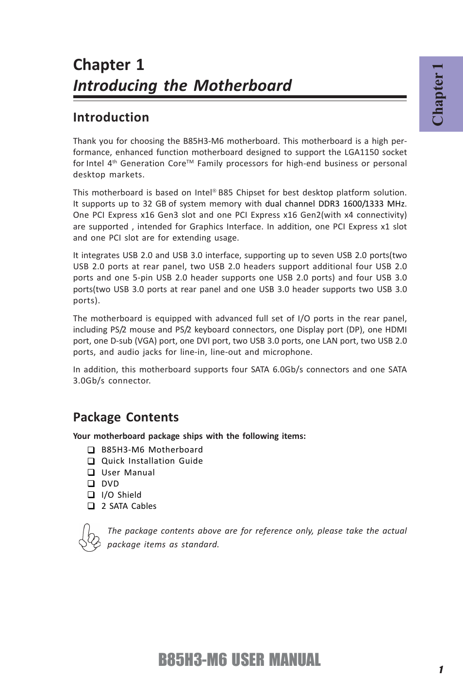 Chapter 1 introducing the motherboard, B85h3-m6, User manual | Chapter 1, Introduction, Package contents | Elitegroup B85H3-M6 (V1.0) User Manual | Page 5 / 52
