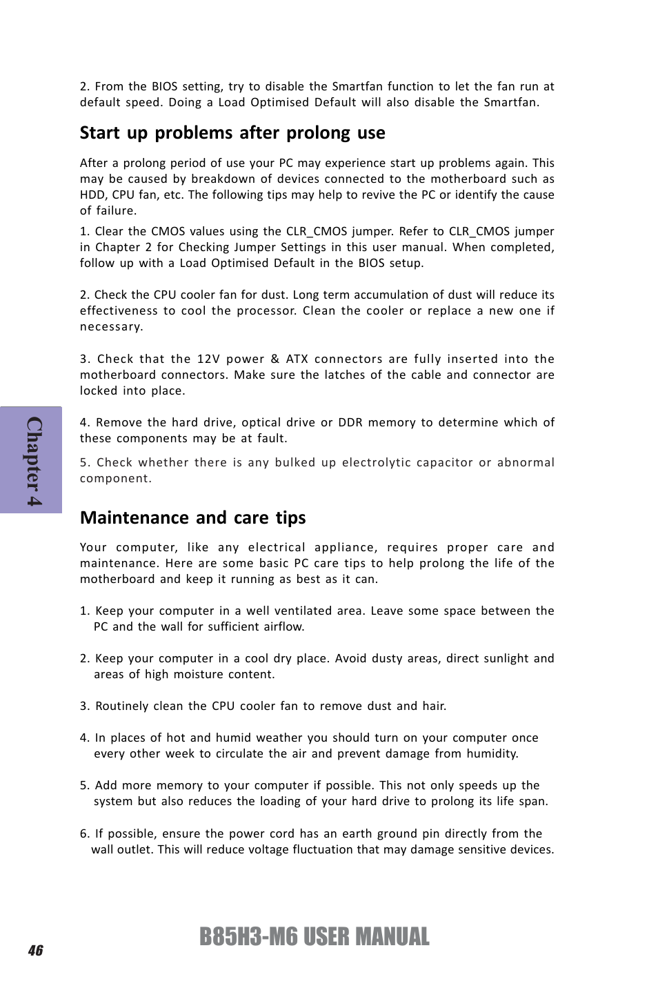 B85h3-m6 user manual, Chapter 4, Start up problems after prolong use | Maintenance and care tips | Elitegroup B85H3-M6 (V1.0) User Manual | Page 50 / 52