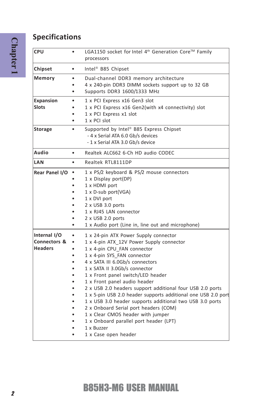 B85h3-m6 user manual, Chapter 1, Specifications | Elitegroup B85H3-M6 (V1.0) User Manual | Page 6 / 52