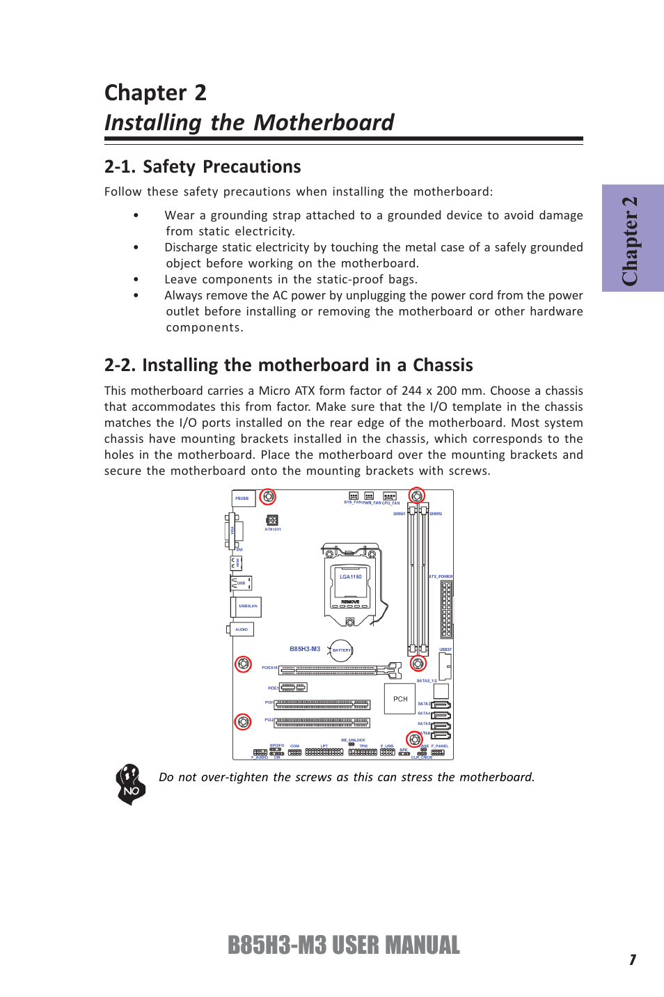 Chapter 2 installing the motherboard, B85h3-m3 user manual, Chapter 2 | Elitegroup B85H3-M3 (V1.0) User Manual | Page 11 / 78