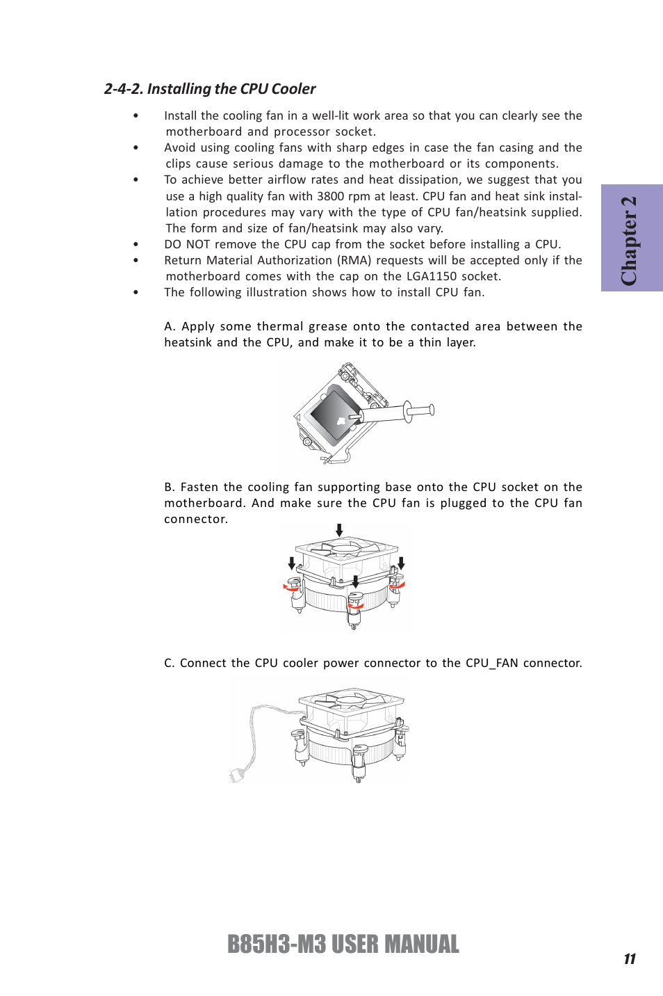 B85h3-m3 user manual, Chapter 2, 4-2. installing the cpu cooler | Elitegroup B85H3-M3 (V1.0) User Manual | Page 15 / 78