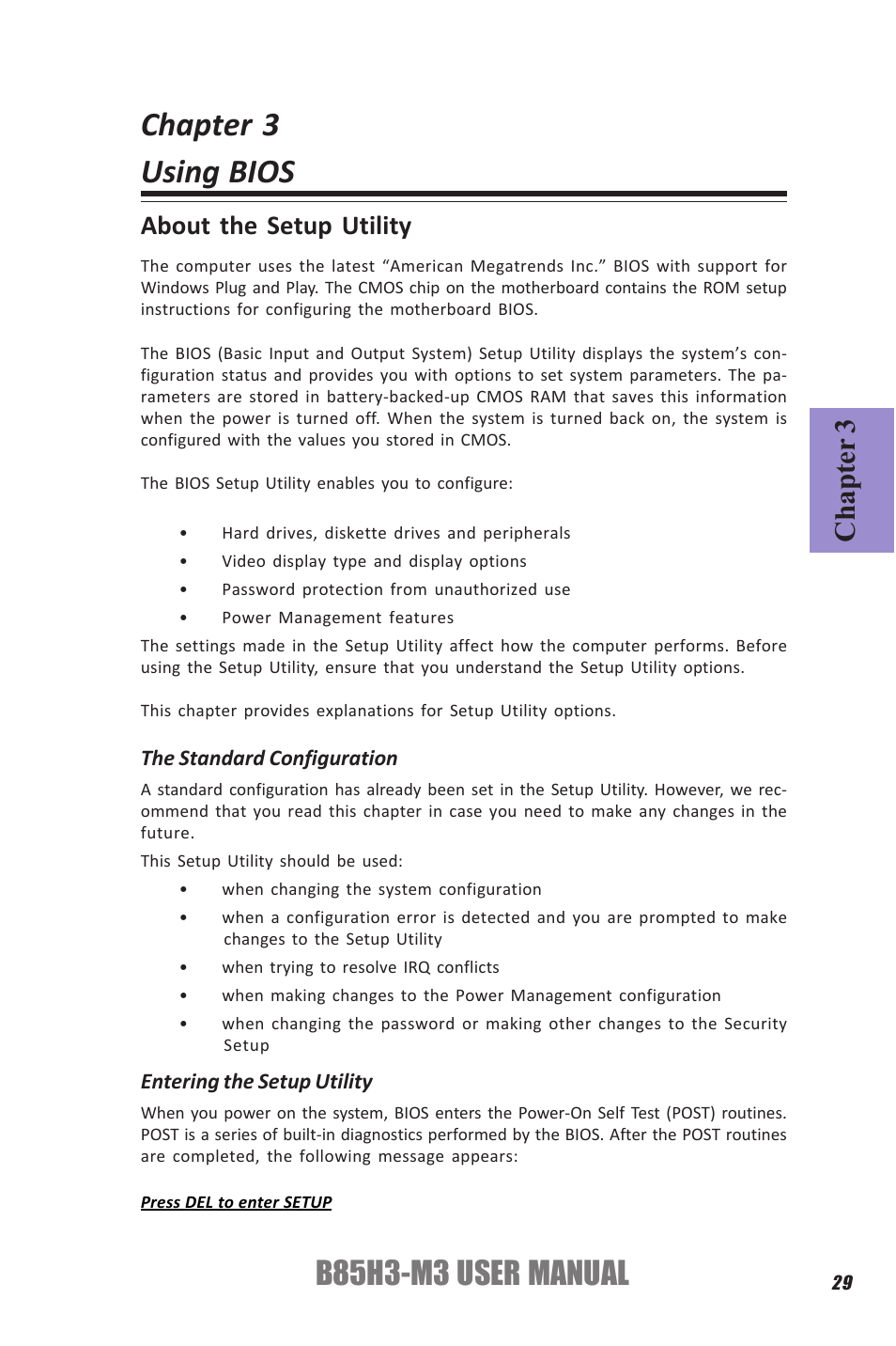 Chapter 3 using bios, B85h3-m3 user manual, Chapter 3 | About the setup utility | Elitegroup B85H3-M3 (V1.0) User Manual | Page 33 / 78