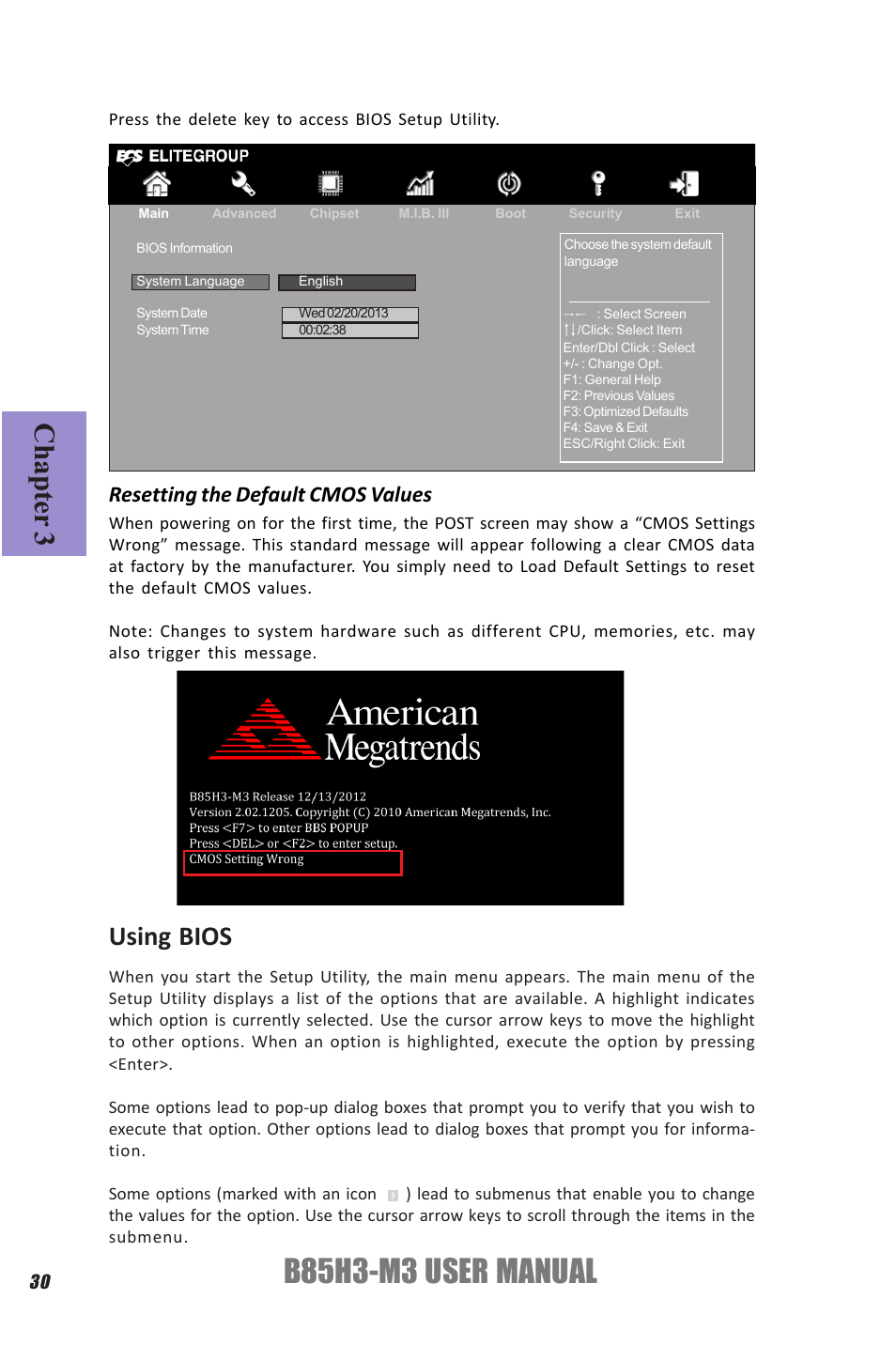 B85h3-m3 user manual, Chapter 3, Using bios | Resetting the default cmos values | Elitegroup B85H3-M3 (V1.0) User Manual | Page 34 / 78