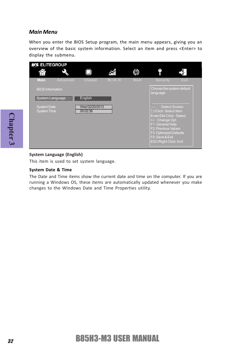 B85h3-m3 user manual, Chapter 3, Main menu | Elitegroup B85H3-M3 (V1.0) User Manual | Page 36 / 78