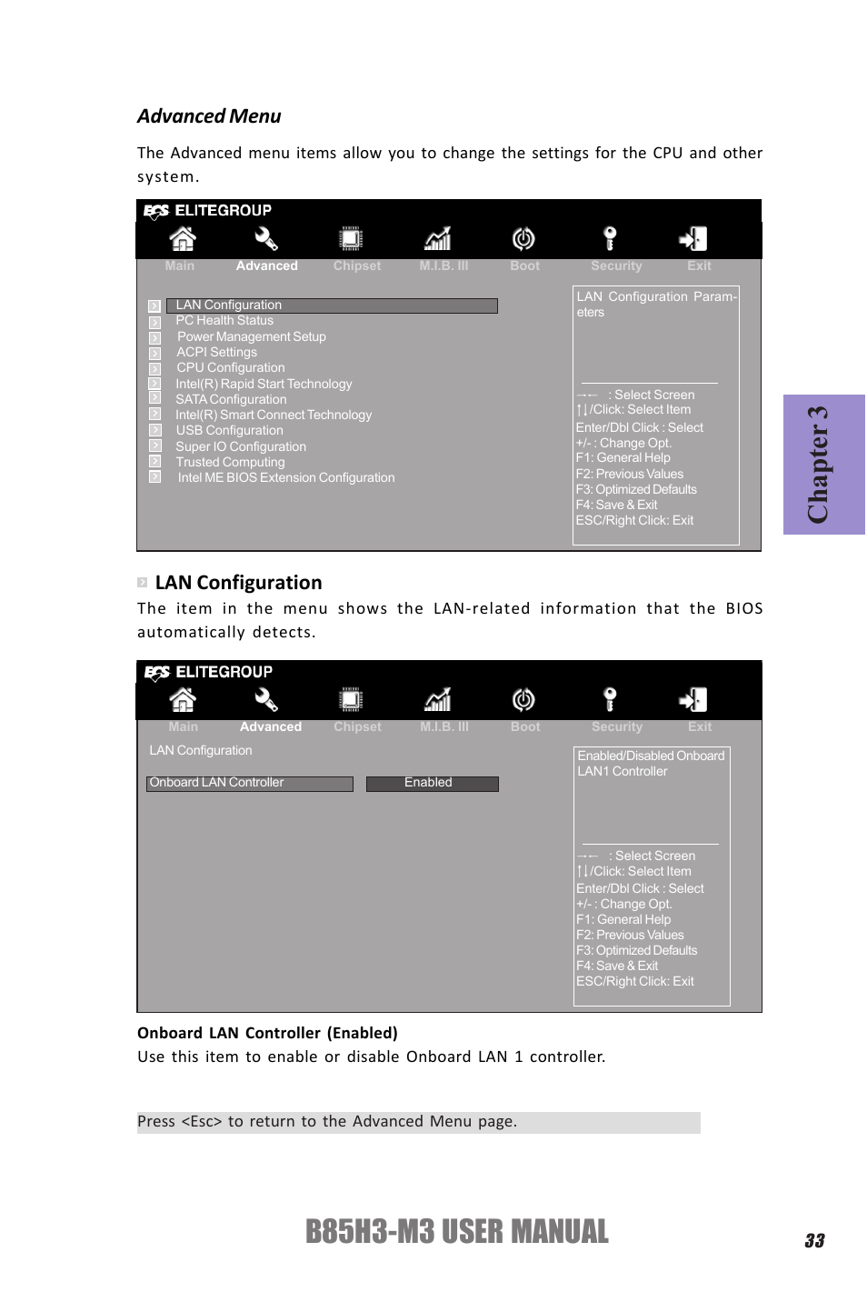 B85h3-m3 user manual, Chapter 3, Advanced menu lan configuration | Elitegroup B85H3-M3 (V1.0) User Manual | Page 37 / 78