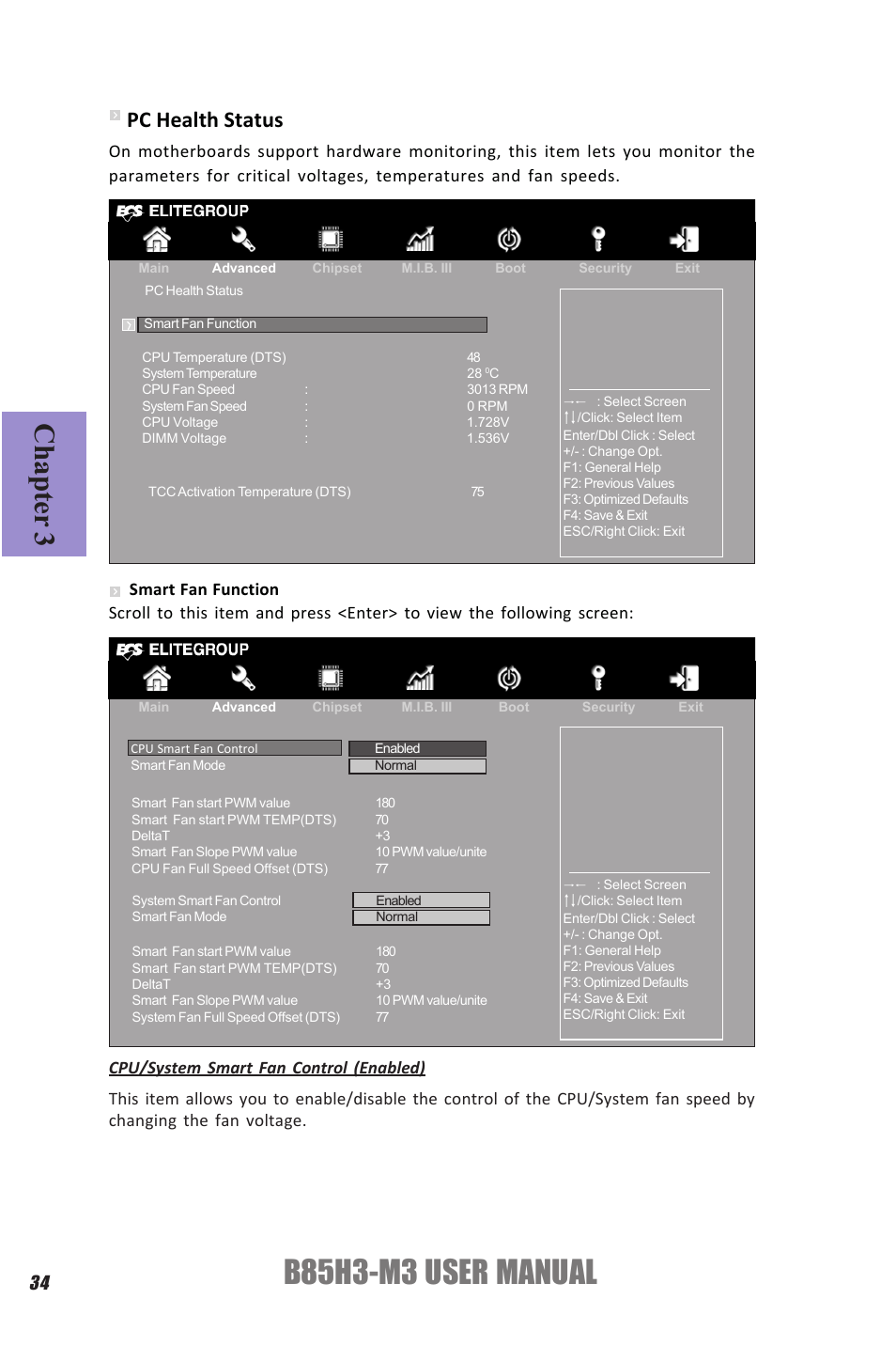 B85h3-m3 user manual, Chapter 3, Pc health status | Elitegroup B85H3-M3 (V1.0) User Manual | Page 38 / 78