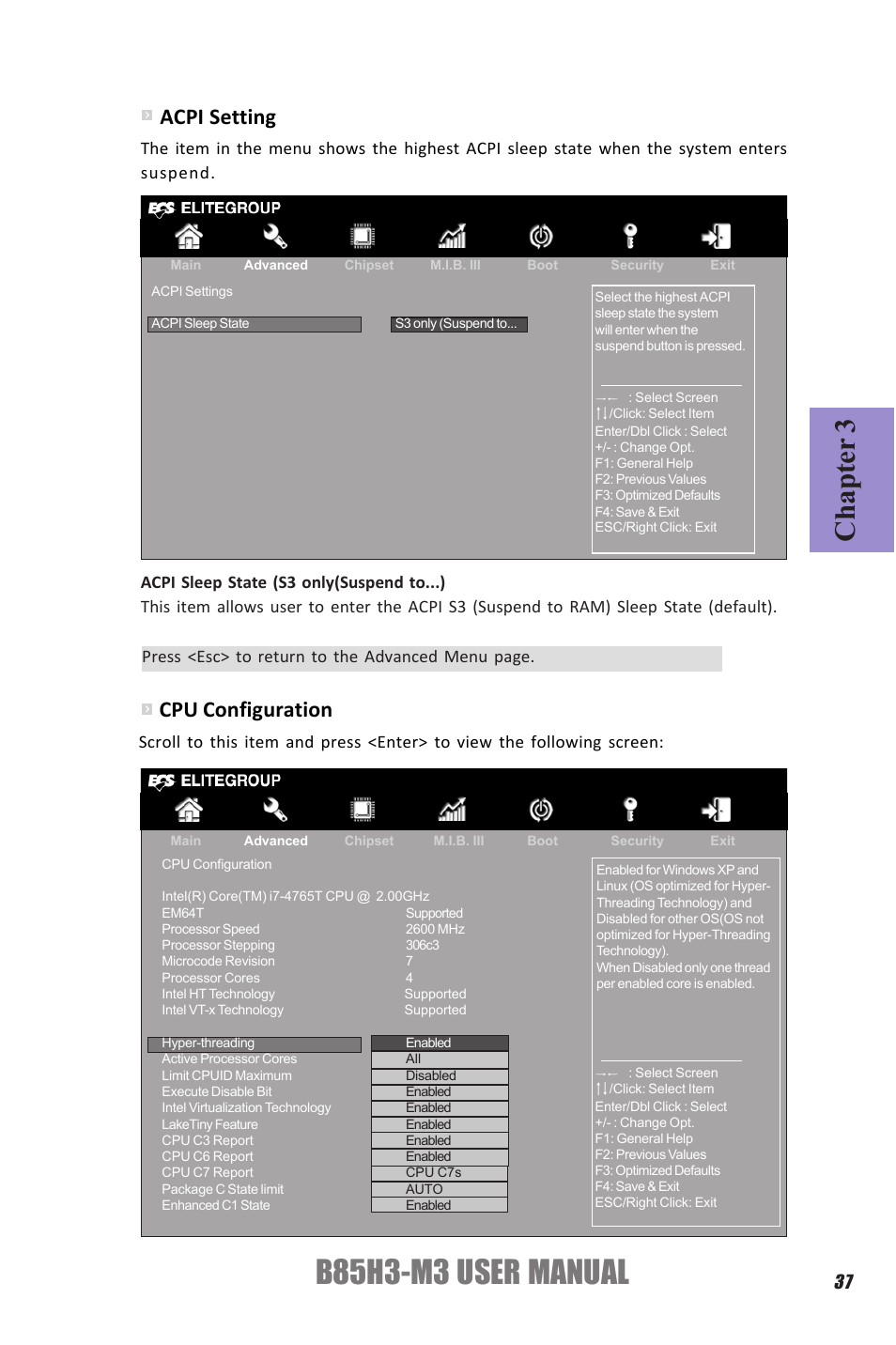 B85h3-m3 user manual, Chapter 3, Acpi setting | Cpu configuration | Elitegroup B85H3-M3 (V1.0) User Manual | Page 41 / 78