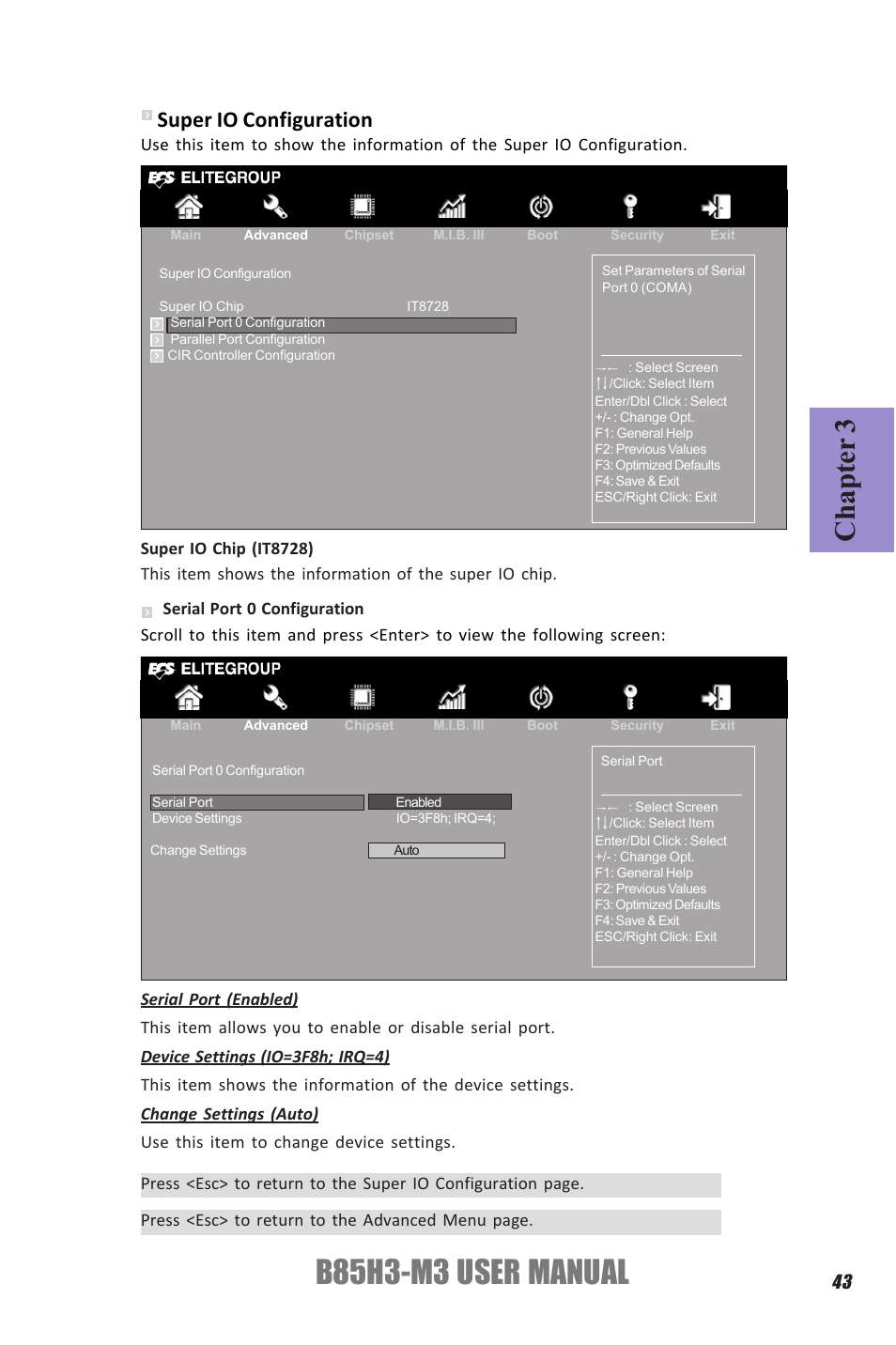 B85h3-m3 user manual, Chapter 3, Super io configuration | Elitegroup B85H3-M3 (V1.0) User Manual | Page 47 / 78