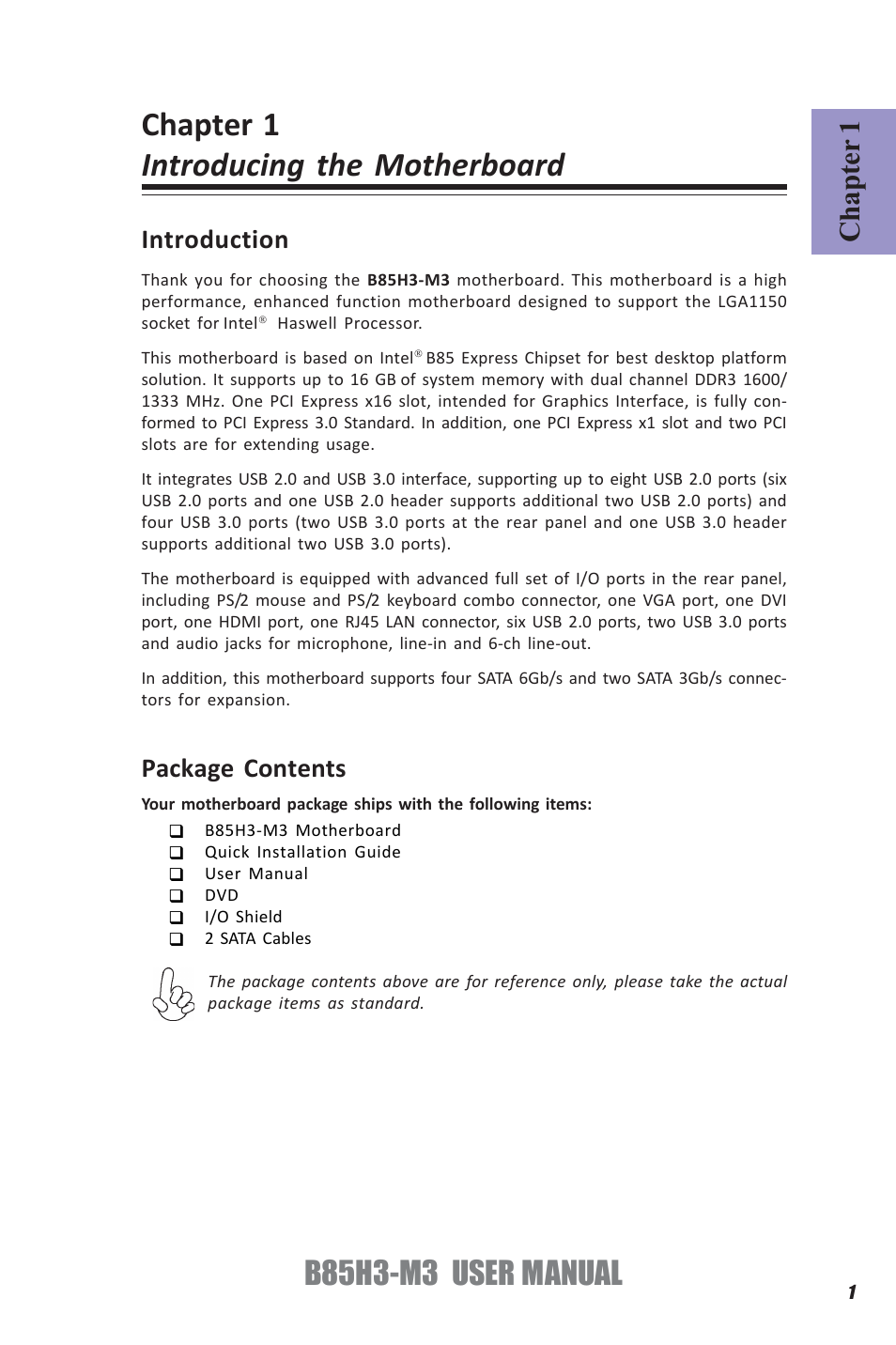 Chapter 1 introducing the motherboard, B85h3-m3 user manual, Chapter 1 | Introduction, Package contents | Elitegroup B85H3-M3 (V1.0) User Manual | Page 5 / 78