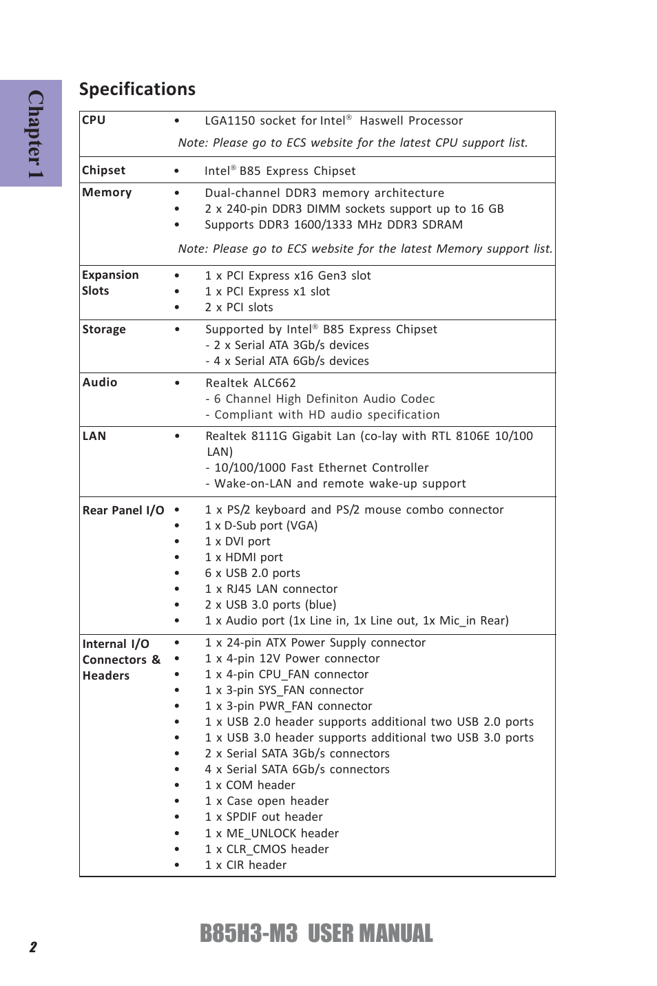 B85h3-m3 user manual, Chapter 1, Specifications | Elitegroup B85H3-M3 (V1.0) User Manual | Page 6 / 78
