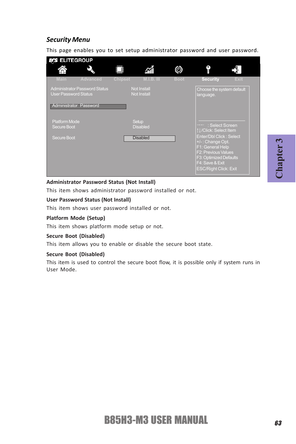 B85h3-m3 user manual, Chapter 3, Security menu | Elitegroup B85H3-M3 (V1.0) User Manual | Page 67 / 78