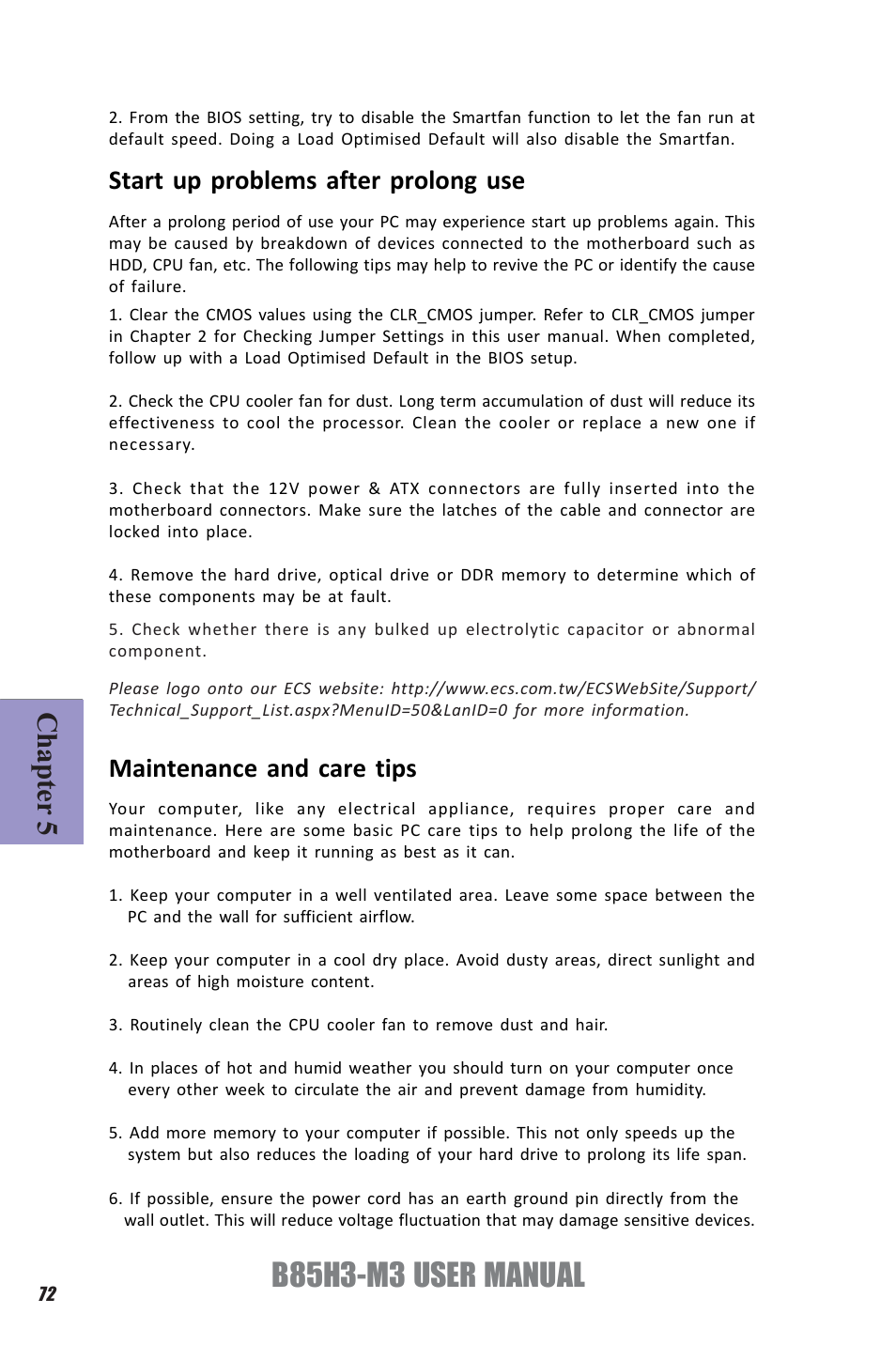 B85h3-m3 user manual, Chapter 5, Start up problems after prolong use | Maintenance and care tips | Elitegroup B85H3-M3 (V1.0) User Manual | Page 76 / 78