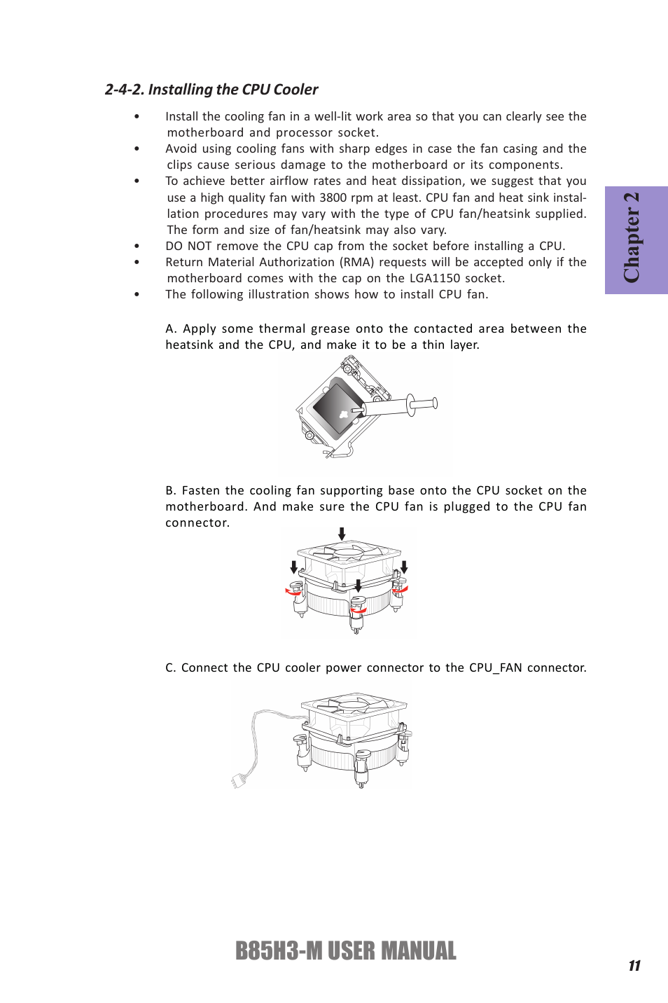 B85h3-m user manual, Chapter 2, 4-2. installing the cpu cooler | Elitegroup B85H3-M (V1.0) User Manual | Page 15 / 82