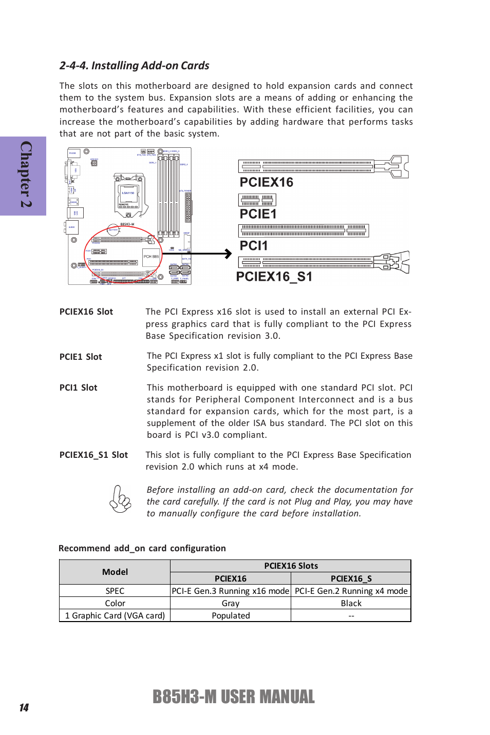B85h3-m user manual, Chapter 2, 4-4. installing add-on cards | Elitegroup B85H3-M (V1.0) User Manual | Page 18 / 82